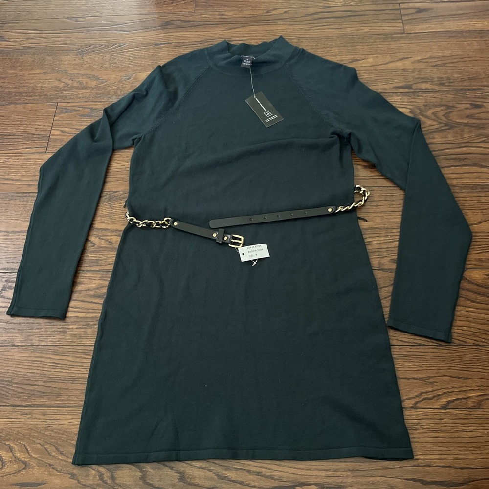 NWT INC International Concepts Dark Green Knit Mock Neck Sweater Dress M Belt